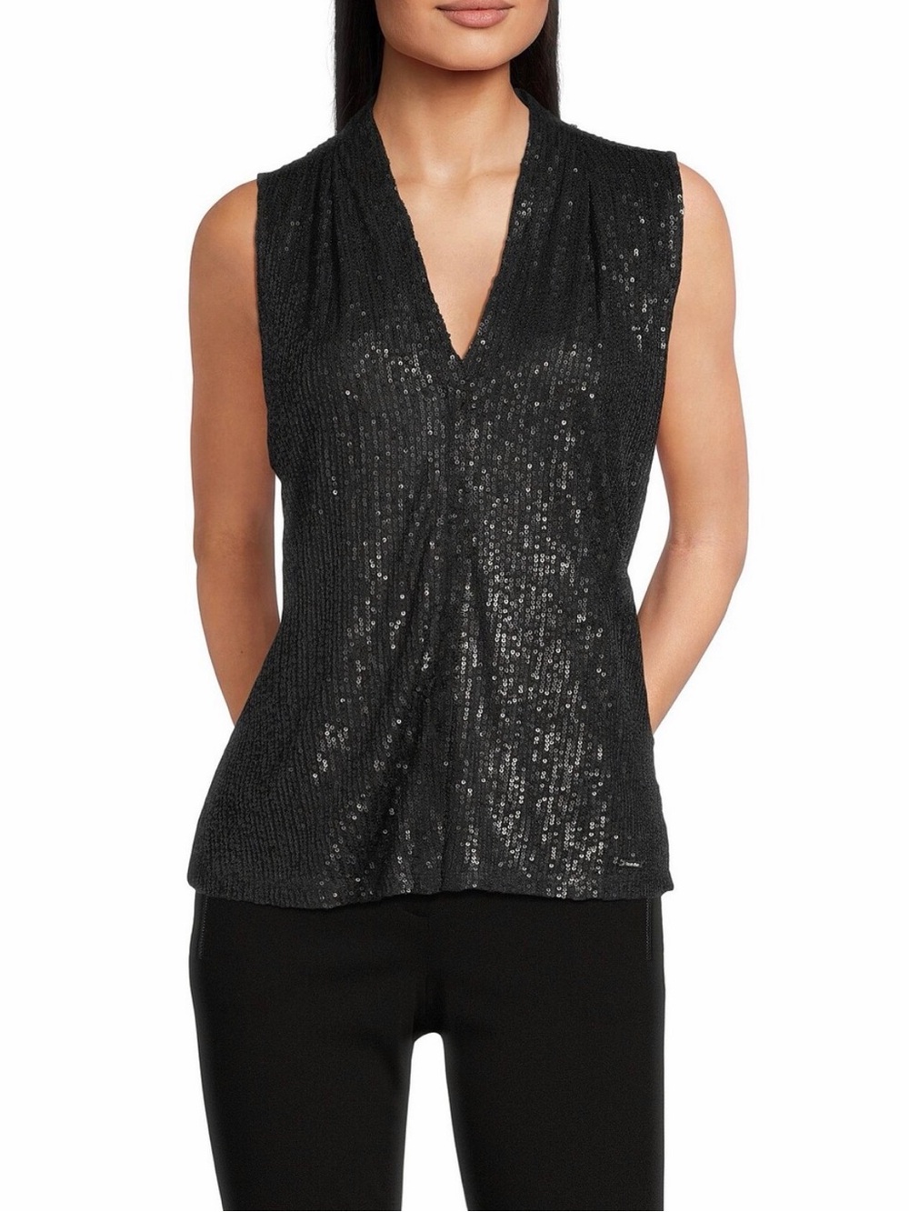 Calvin Klein sequin V-neck shoulder pleat sleeveless top black L